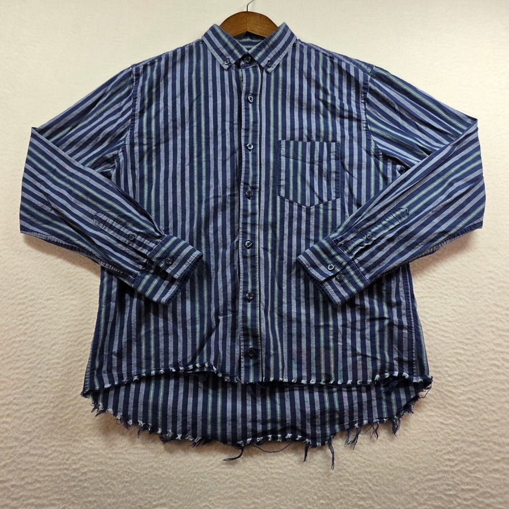 Club Room Mens Striped Button Down Shirt Navy Blue Green Raw Frayed Hem Medium